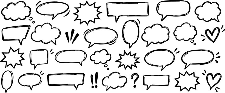 Set of hand drawn black speech and thought bubbles with comic frames, hearts and symbols isolated on transparent background, ideal for messages and annotations