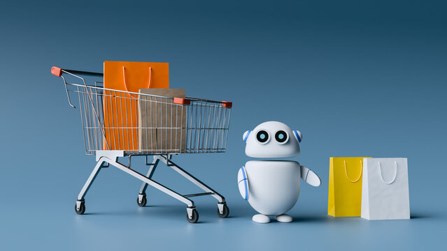 AI Shopping Robot with Cart and Retail Bags. 3d render