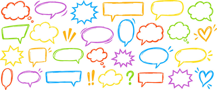 Colorful hand drawn speech and thought bubble outlines with comic frames, hearts and symbols isolated on white, ideal for messages and social media