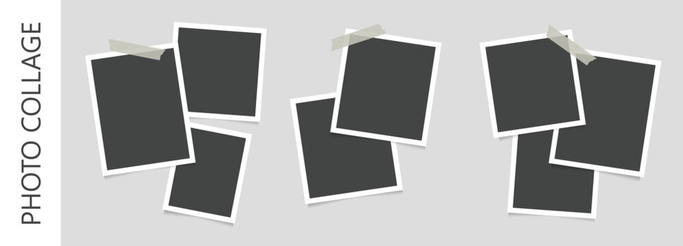 Photo collage montage background with picture, foto frame and sticky tape. Layout backdrop with template creative album image gallery. Paper snapshots set photo and card poster