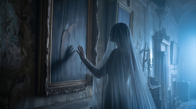 Ghostly woman in white veil touching haunted painting in dark hallway. Paranormal activity in abandoned mansion with supernatural entity reaching out from canvas.