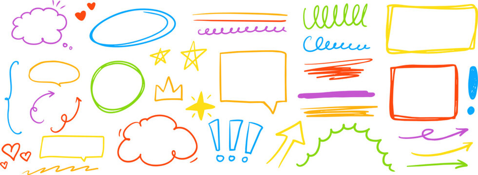 Colorful hand drawn doodle elements with speech bubbles, arrows, frames, hearts, stars and scribbles isolated on transparent, ideal for notes and social media