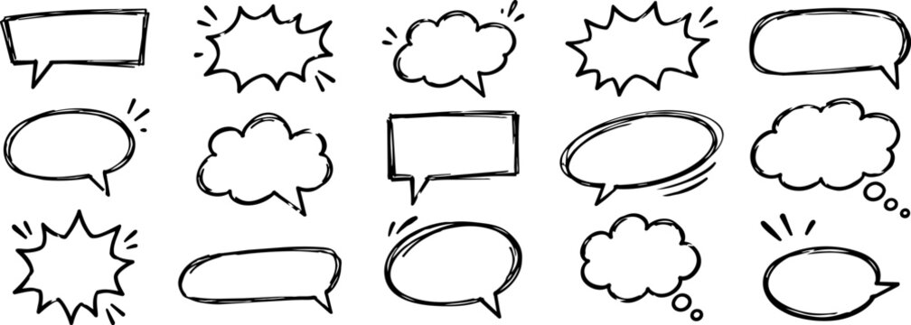 Set of hand drawn black speech and thought bubble outlines with comic frames and sketch accents isolated on white, ideal for dialogue and graphic design