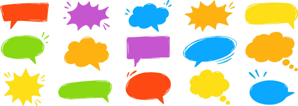 Colorful hand drawn speech and thought bubbles with comic burst shapes in bright colors isolated on white, ideal for messages, stickers and social media