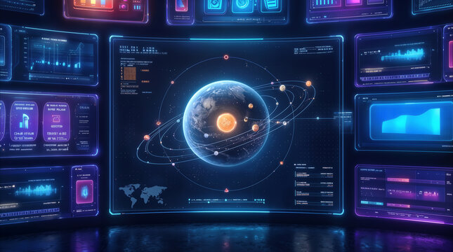 Holographic solar system model displayed on futuristic control panel. Digital interface with planetary orbits and data analytics in high-tech command center.