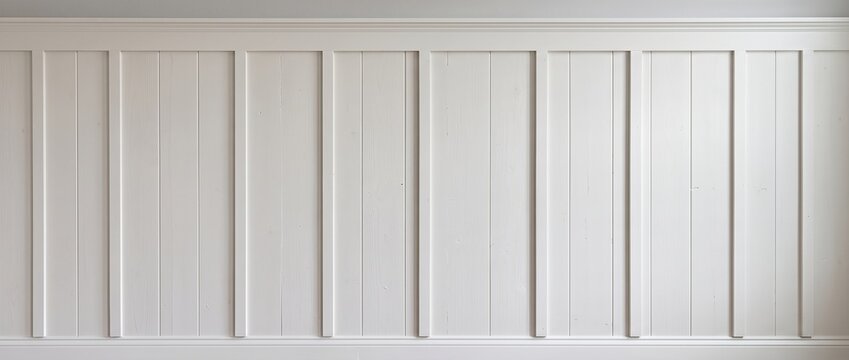 White board and batten wall panel texture. Vertical interior wood wainscoting strips with clean trim layout. Architectural woodwork background