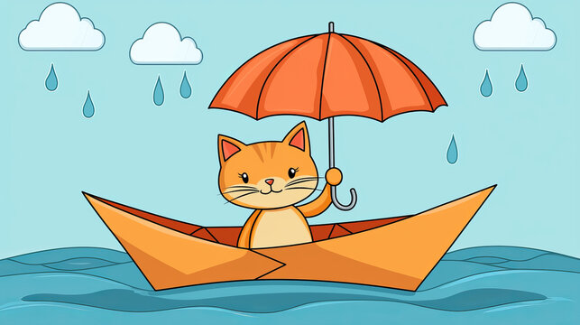 Cartoon orange cat in a paper boat, holding an umbrella on wavy water as rain falls from white clouds in a light blue sky