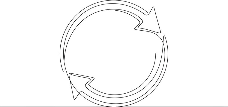 Continuous line drawing of a circular refresh and reload icon with circular arrow minimalist art vector graphic black white