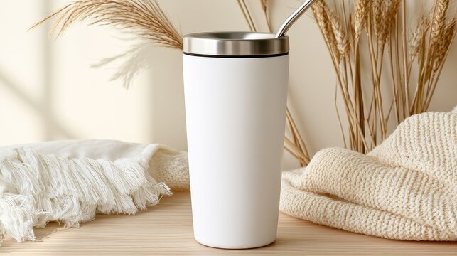 White insulated tumbler with metallic lid and straw, warm boho decor