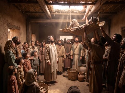 Jesus watching paralytic man lowered through roof for healing