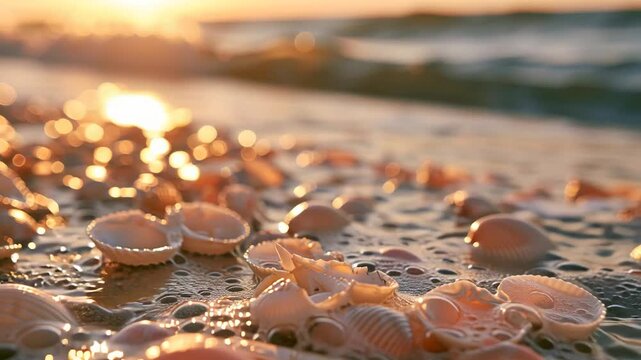 Broken Seashells on Wet Sand with Golden Hour Sun Reflection