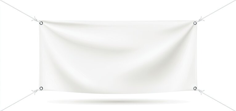 A blank white banner hangs suspended by ropes attached to grommets
