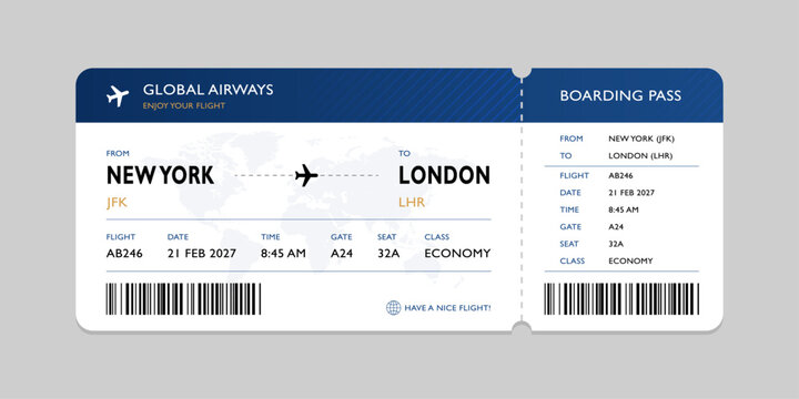 Realistic illustration of airplane ticket boarding pass with passenger name and destination. Concept of travel, journey or business trip.