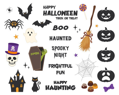 Cute vector icon set of Halloween with text and spooky items.