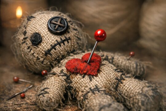 A detailed view of a voodoo doll with a pin, perfect for use in fantasy or horror themed designs