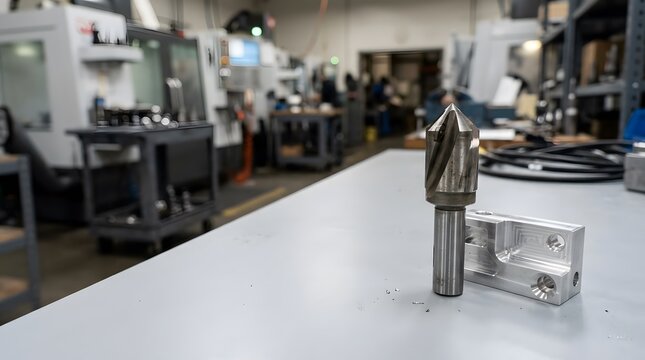 precision cnc countersink tool beside machined metal component for hole deburring finishing accurate machining industrial manufacturing and assembly