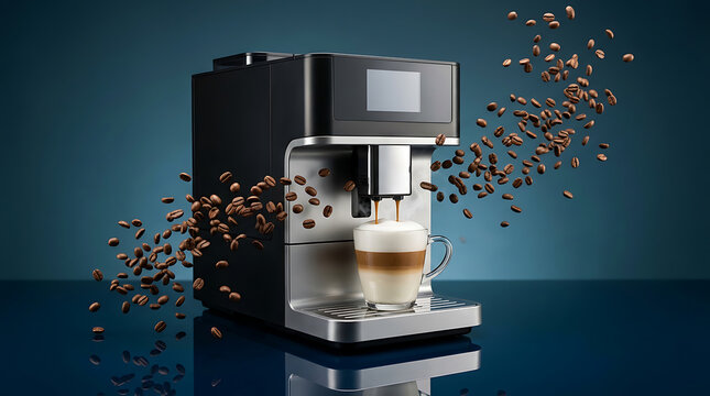 Modern automatic coffee machine brewing fresh cappuccino with flying beans on blue background
