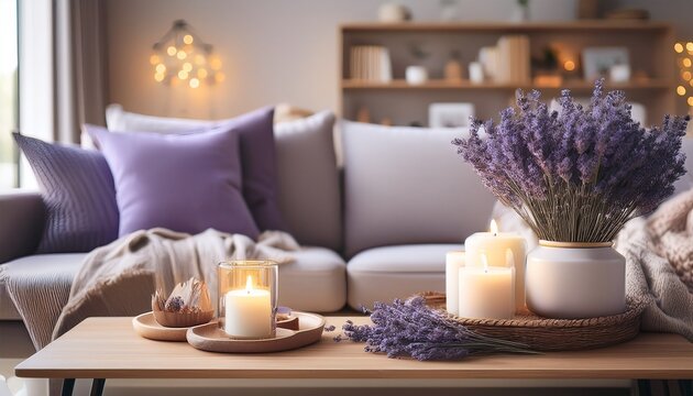 a cozy living room decorated with lavender flowers and candles on a wooden coffee table