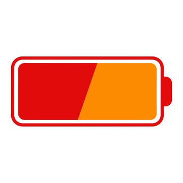 Flat design low battery level icon in red and orange colors isolated on white background indicating power depletion