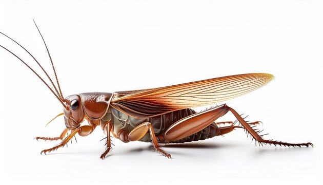 brown house cricket insect with detailed exoskeleton and antennae side view isolated on white