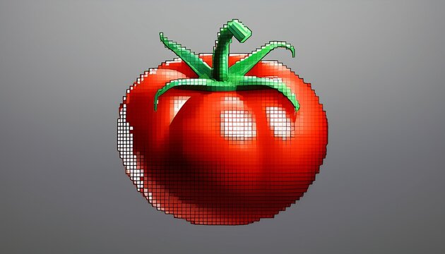 pixelated tomato with green stem on gray background