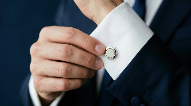 Man fastening round metallic cufflink on white shirt sleeve close up. Groom or businessman adjusting suit cuff. Tailoring, morning preparation and menswear concept
