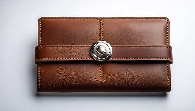brown leather wallet closed with metal button clasp on dark background isolated white background