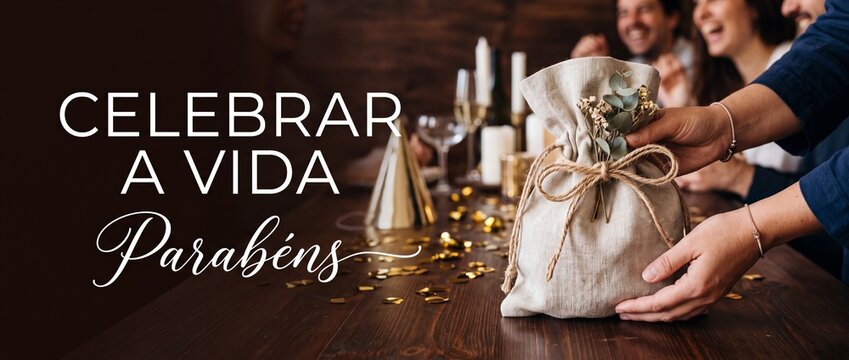Rustic gift bag party table with Portuguese birthday text for celebration, featuring hands holding linen pouch with dried flowers, confetti, candles, and happy friends celebrating at dinner party.