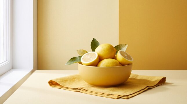 Bowl of Fresh Lemons on a Sunlit Yellow Table