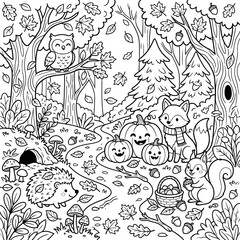 Fototapeta premium Cute autumn forest coloring page featuring woodland animals, pumpkins, mushrooms, leaves, and trees in a detailed black and white line art style