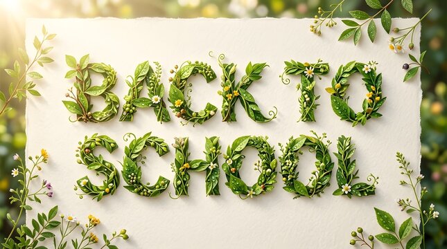 Back to school text made of green leaves on a white board with natural foliage background