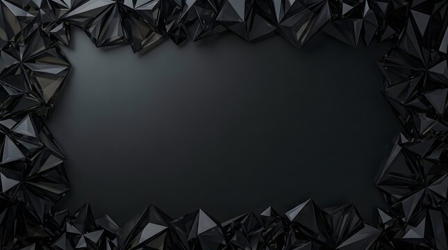 Black geometric crystal frame with dark abstract facets and central copy space background