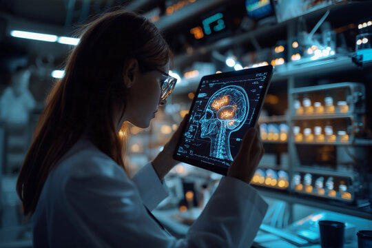 Innovative Female Scientist Analyzing Advanced Digital Brain Scan on Tablet in High-Tech Laboratory Environment with Neuroscience Focus