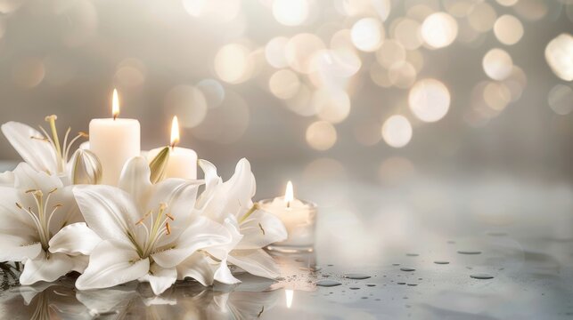 Elegant Memorial Background with White Lilies and Lit Candles, 
Peaceful Sympathy Card Design with Copy Space