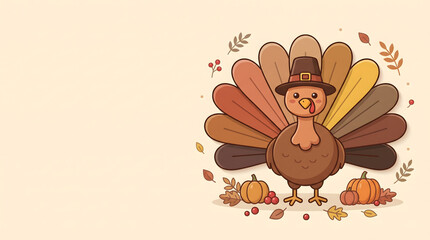 Fototapeta premium Cartoon turkey with autumnal pumpkins and falling leaves vector illustration