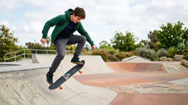 Teenage boy performing a kickflip trick on ramp at an outdoor skatepark. Young skater jumping midair on skateboard during sports activity