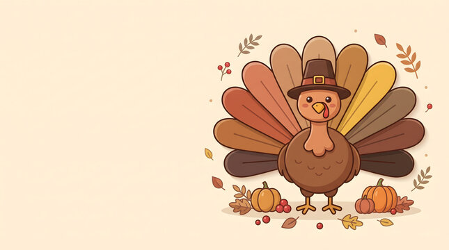 Cartoon turkey with autumnal pumpkins and falling leaves vector illustration