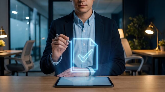 Businessman using a digital tablet to interact with a holographic document icon representing electronic signature and approval