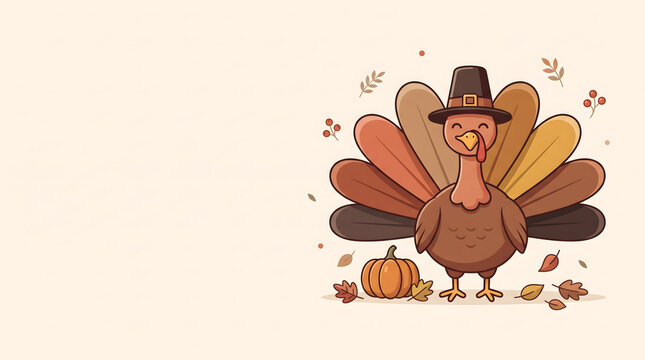 Cartoon turkey with pumpkin and autumn leaves vector illustration