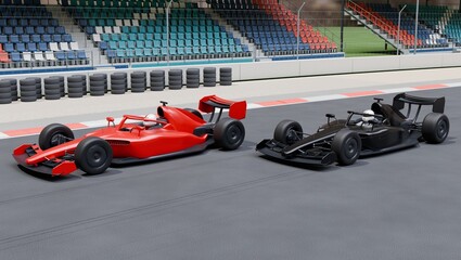 Obraz premium Red and black racing cars side by side on a circuit with empty grandstands