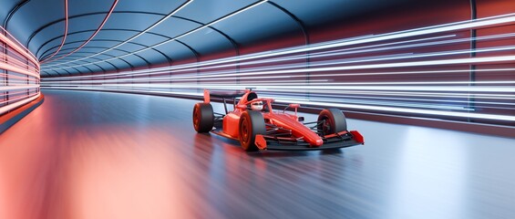 Obraz premium Red racing car speeds through a curved tunnel with light trails and reflective race track