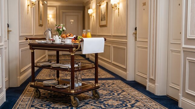 Hotel breakfast service trolley in a luxury corridor for room service delivery.