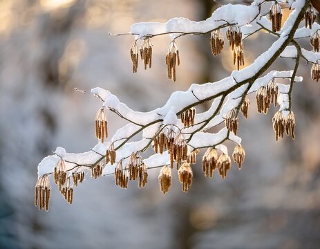 snow covered alder tree alnus glutinosa branch against defocused background selective focus and shallow depth of field