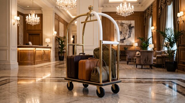 Luxury hotel bellman cart with luggage in a grand lobby for guest arrival and travel service.