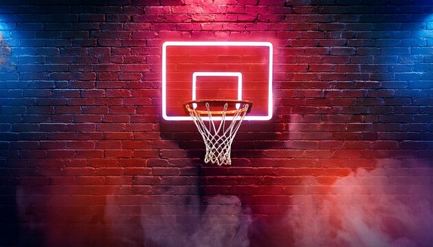 neon basketball hoop glowing on urban brick wall vibrant red basketball backboard light cinematic sports arena atmosphere with smoke