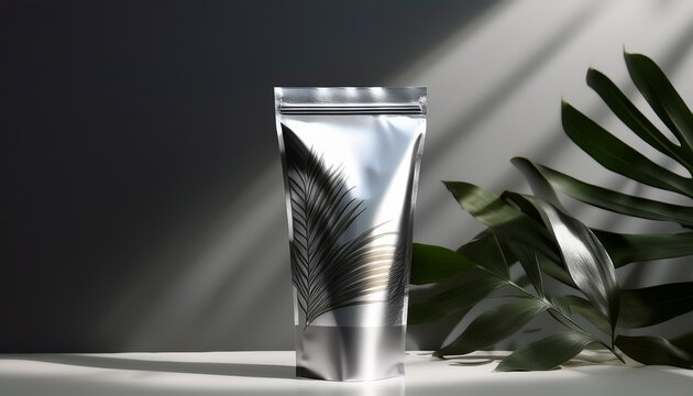 stunning silver stand up pouch mockup casting elegant tropical leaf shadow for natural product branding
