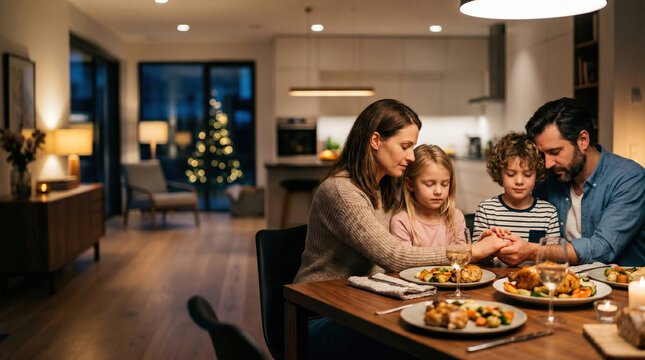 Family holding hands and praying at dining table during Christmas dinner. Mother, father, son and daughter together during evening meal. Religious tradition, faith and celebration concept.
