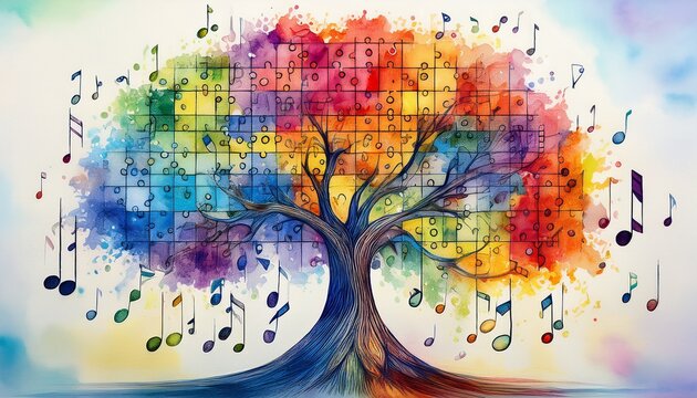 colorful puzzle tree made of music notes in abstract watercolor painting