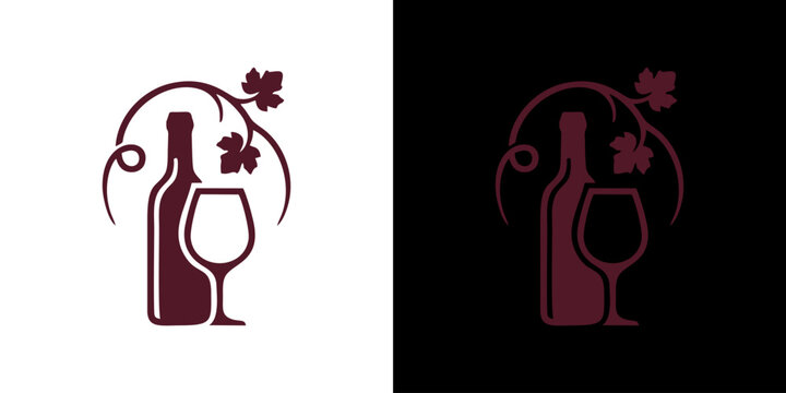 Wine bottle and glass logo with grapevine icon for winery vineyard or restaurant branding