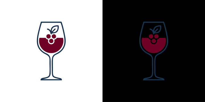 Red wine glass icons with grape logo for winery menu and branding